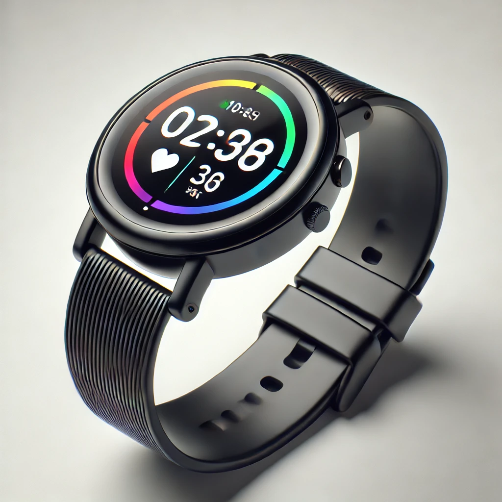 Dall·e 2024 12 19 13.10.18 A Modern And Stylish Smartwatch On A Clean White Background. The Smartwatch Has A Sleek Black Design With A Round Face, Featuring A Vibrant, Colorful